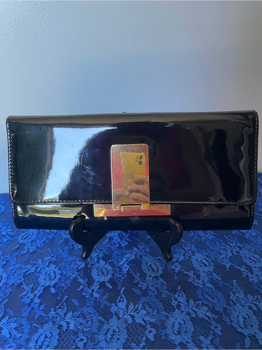 Aldo Black Patent Leather Evening Clutch with Gold Hardware